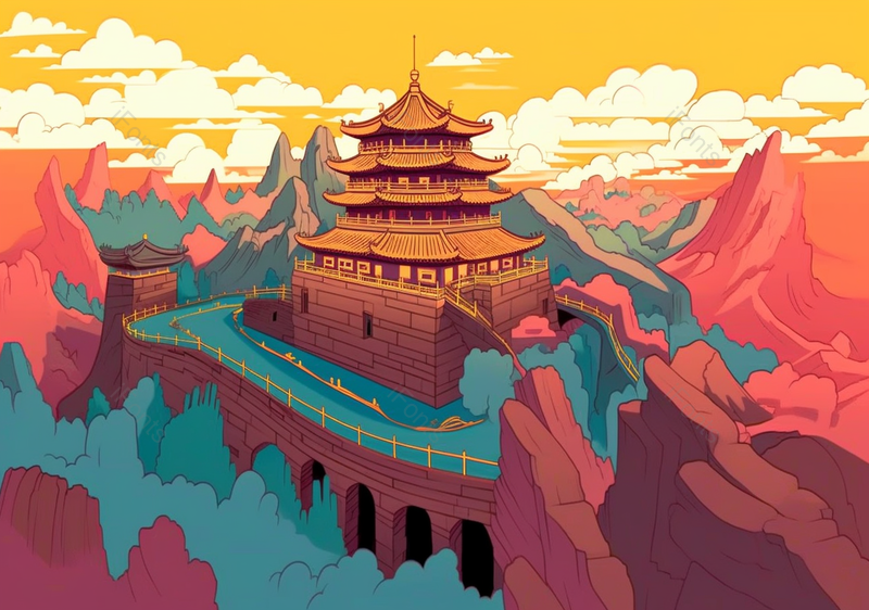 山中的长城和瞭望台中国风元素插画背景,插画/手绘图,插画/手绘图库,插画/手绘图下载,插画/手绘